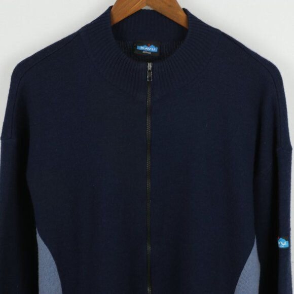 Kavu Men's Medium Blue Wool Blend Tight Knit Full Zip Cardigan Sweater - Picture 2 of 7